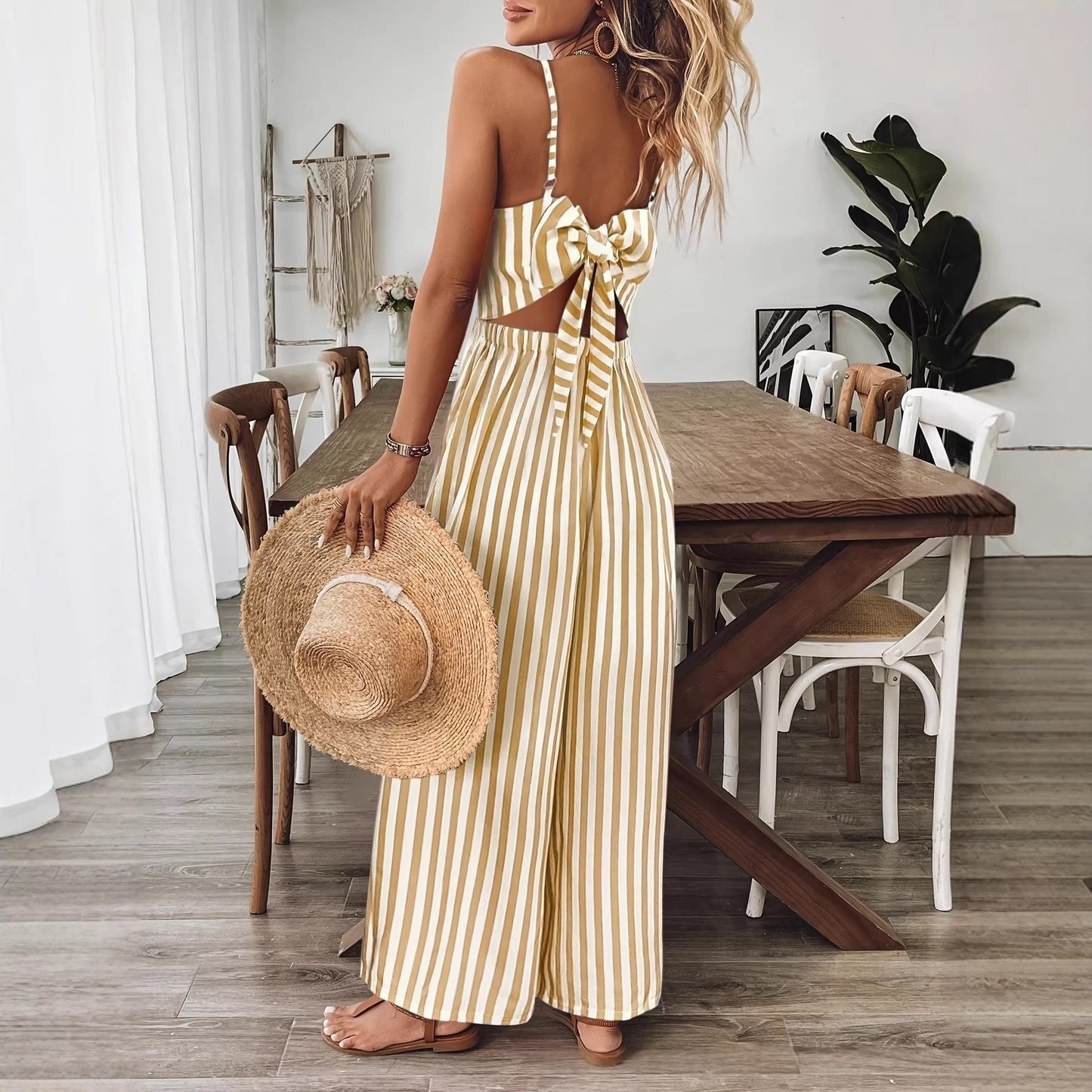 Printed Backless Sleeveless Strap Jumpsuit | Ginger Yellow FitiqueFit