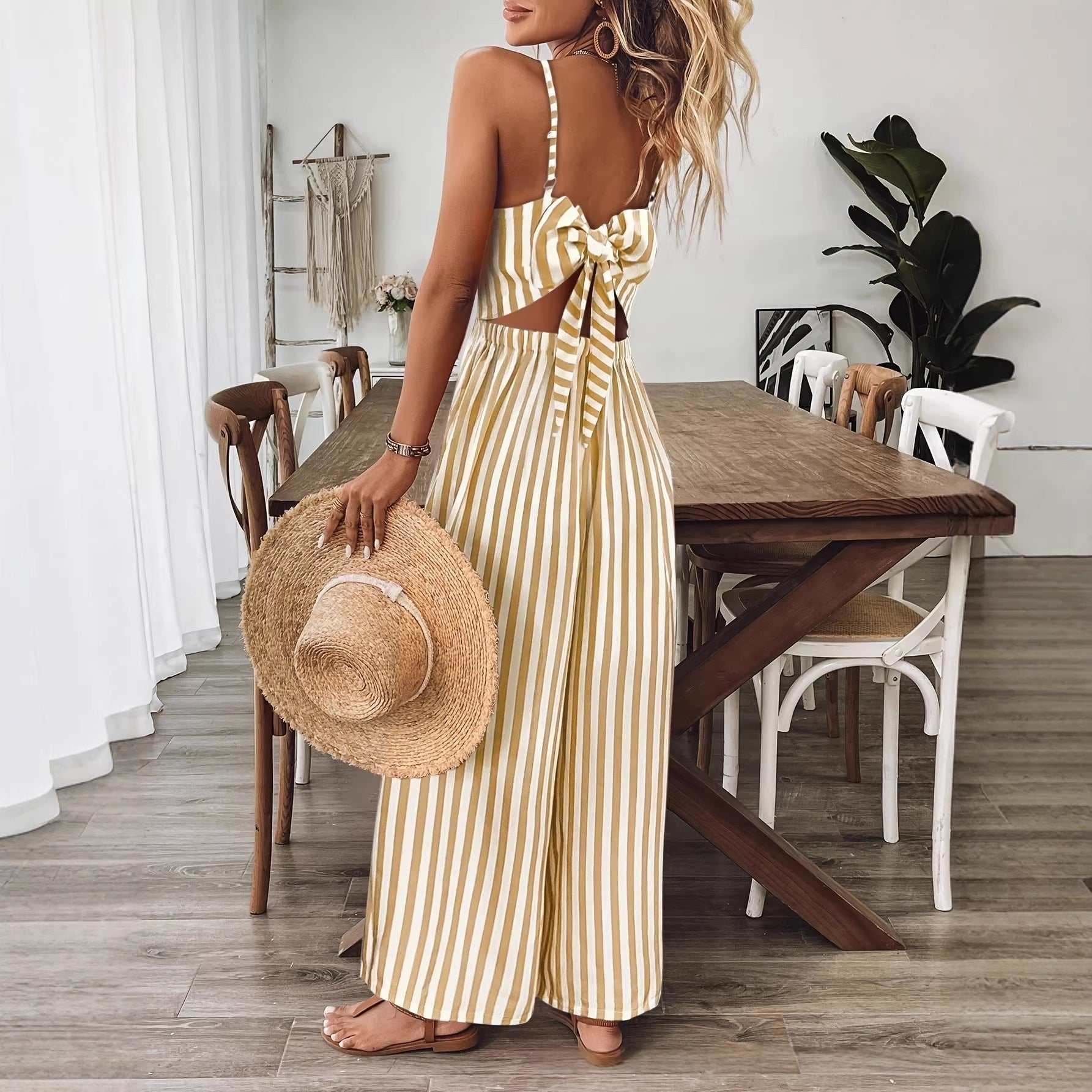Printed Backless Sleeveless Strap Jumpsuit | Ginger Yellow FitiqueFit