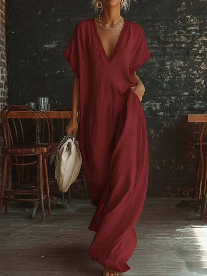 Lace-Trimmed Loose Linen Cotton Long Dress for Women FitiqueFit