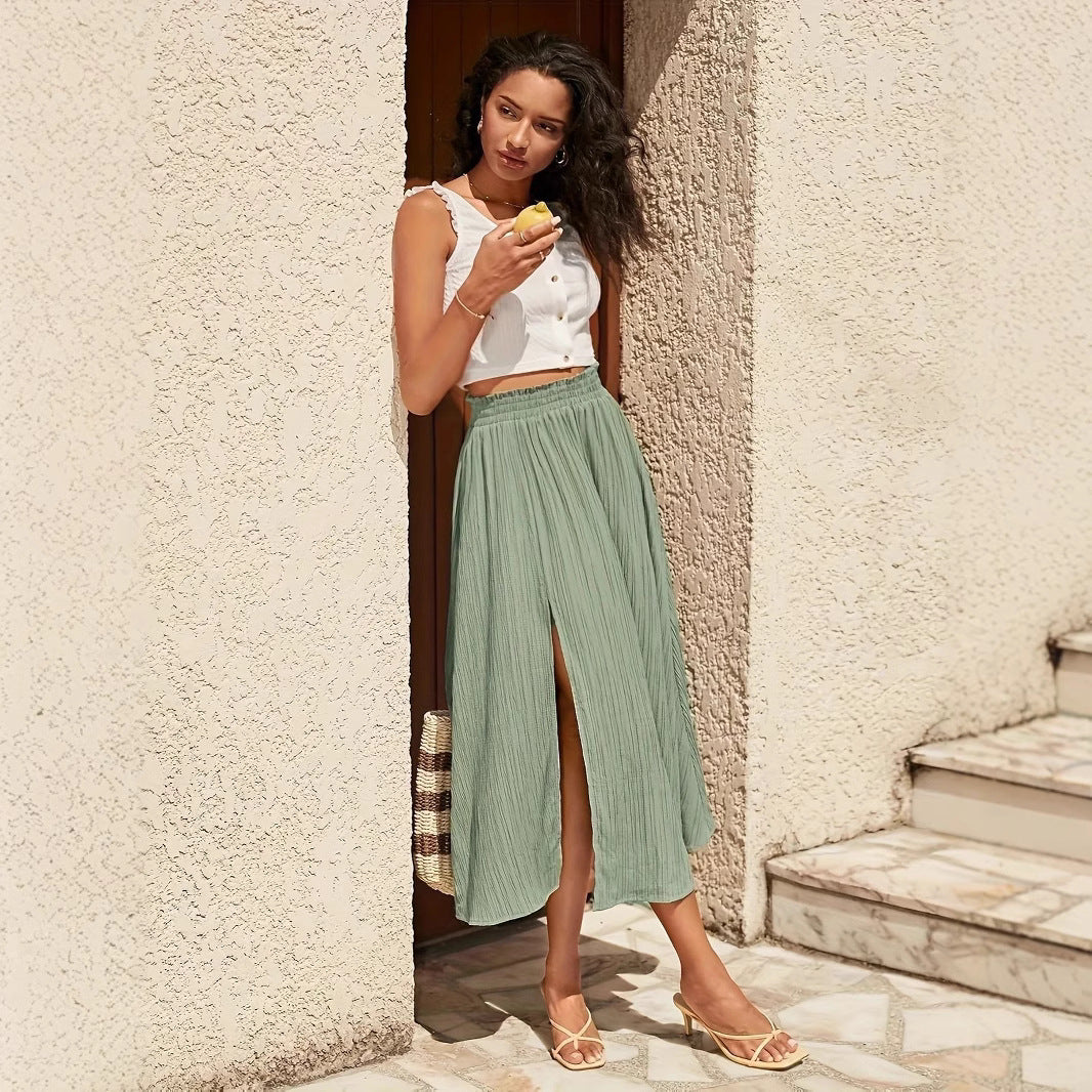 Split High Waist Elastic Waist Long Holiday Skirt Grayceful LLC