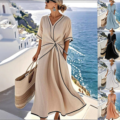 Striped Print Maxi Dress – Short Sleeve Beach Vacation Dress FitiqueFit