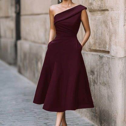 Women's Off-Shoulder Swing Dress – Solid Color Flowy Midi FitiqueFit
