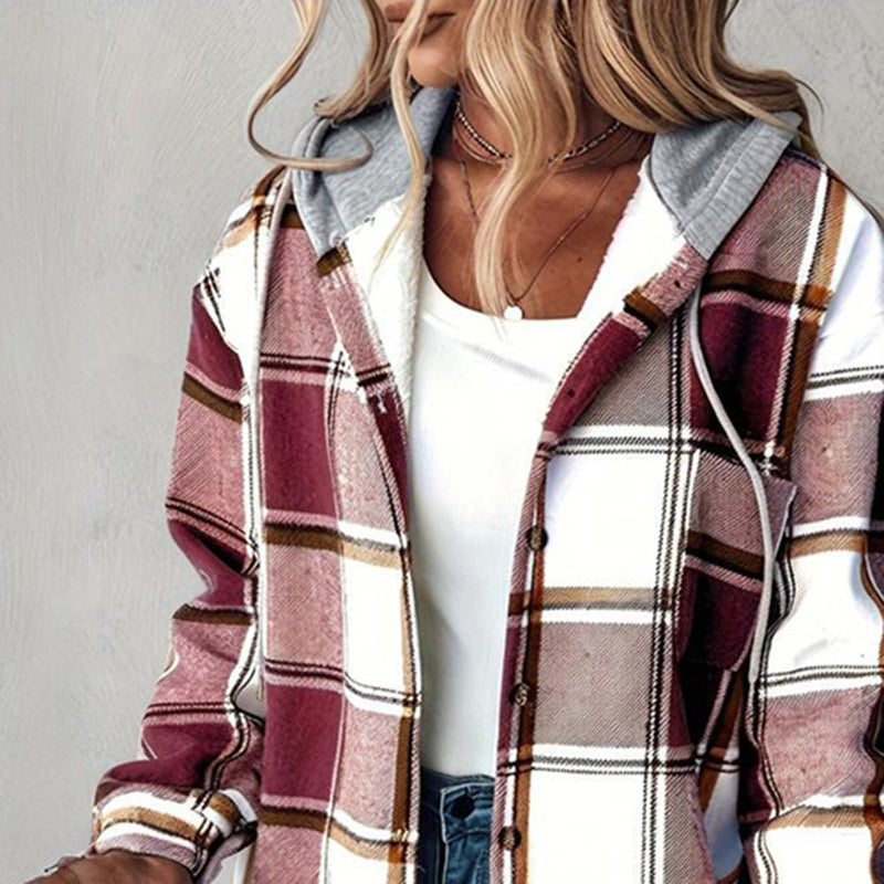 Women's Plaid Hoodie Long Sleeve Jacket With Pocket FitiqueFit
