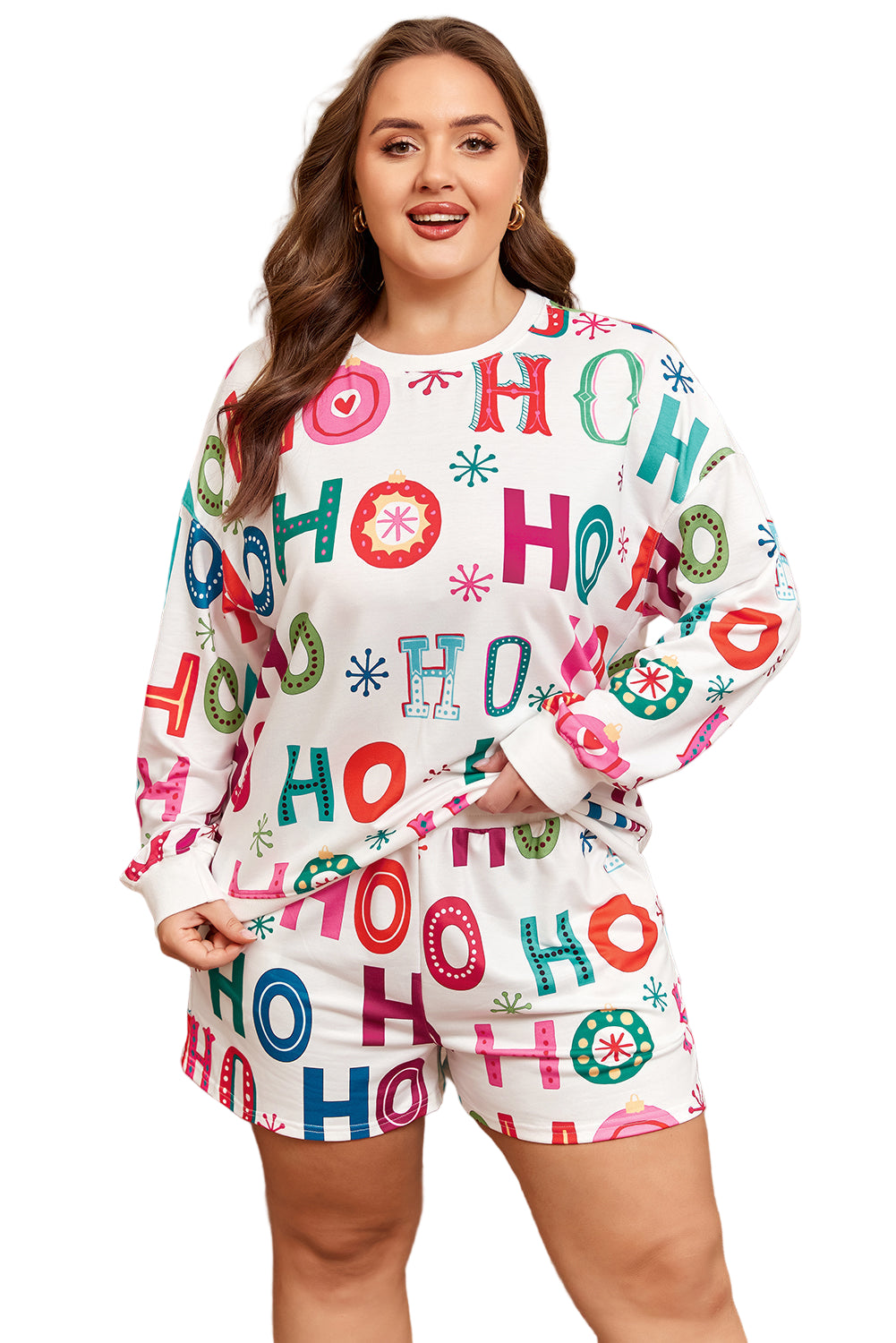 White Plus Size Christmas Ho Ho Ho Print Long Sleeve Top and Shorts 2pc Lounge Set Garden Naked Curves