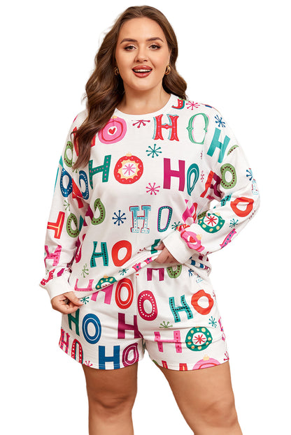 White Plus Size Christmas Ho Ho Ho Print Long Sleeve Top and Shorts 2pc Lounge Set Garden Naked Curves