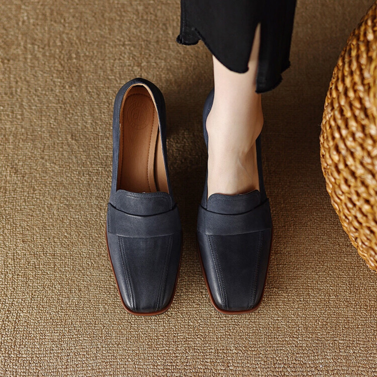 Women's Sheepskin Square Toe Chunky Heel Pumps – Retro High Heel Dress Shoes FitiqueFit