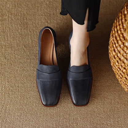 Women's Sheepskin Square Toe Chunky Heel Pumps – Retro High Heel Dress Shoes FitiqueFit