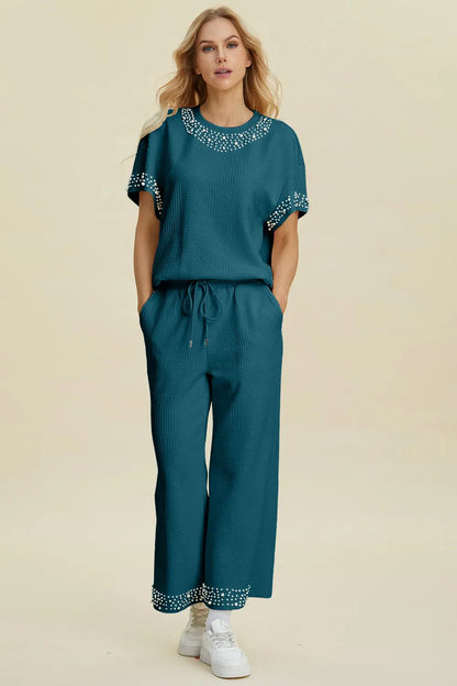 Double Take Full Size Pearl Detail Round Neck Top and Pants Set West2East Surf