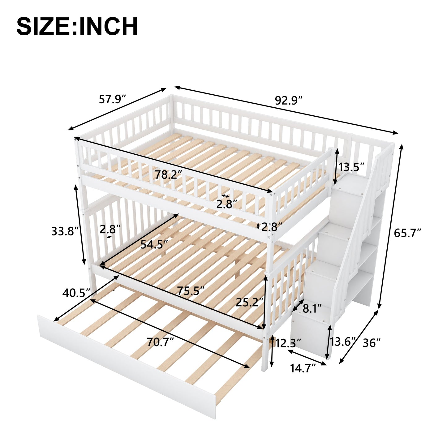 Full over Full Bunk Bed with Trundle and Staircase White