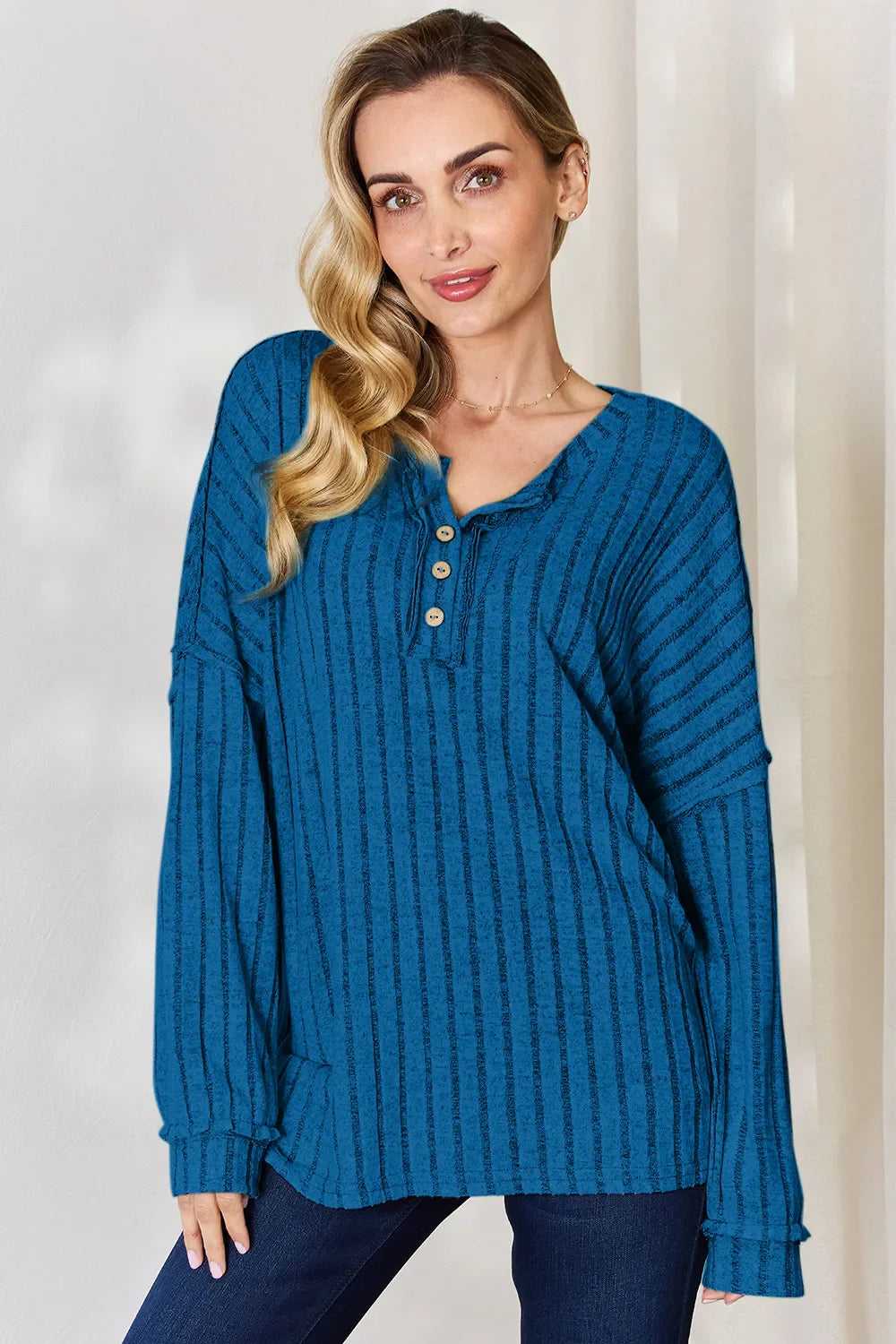 Basic Bae Full Size Ribbed Half Button Long Sleeve T-Shirt New Era Fashion LLc