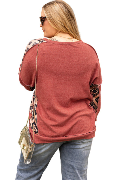 Redwood Burl Aztec Patchwork Drop Shoulder Plus Size High Low Sweatshirt Garden Naked Curves