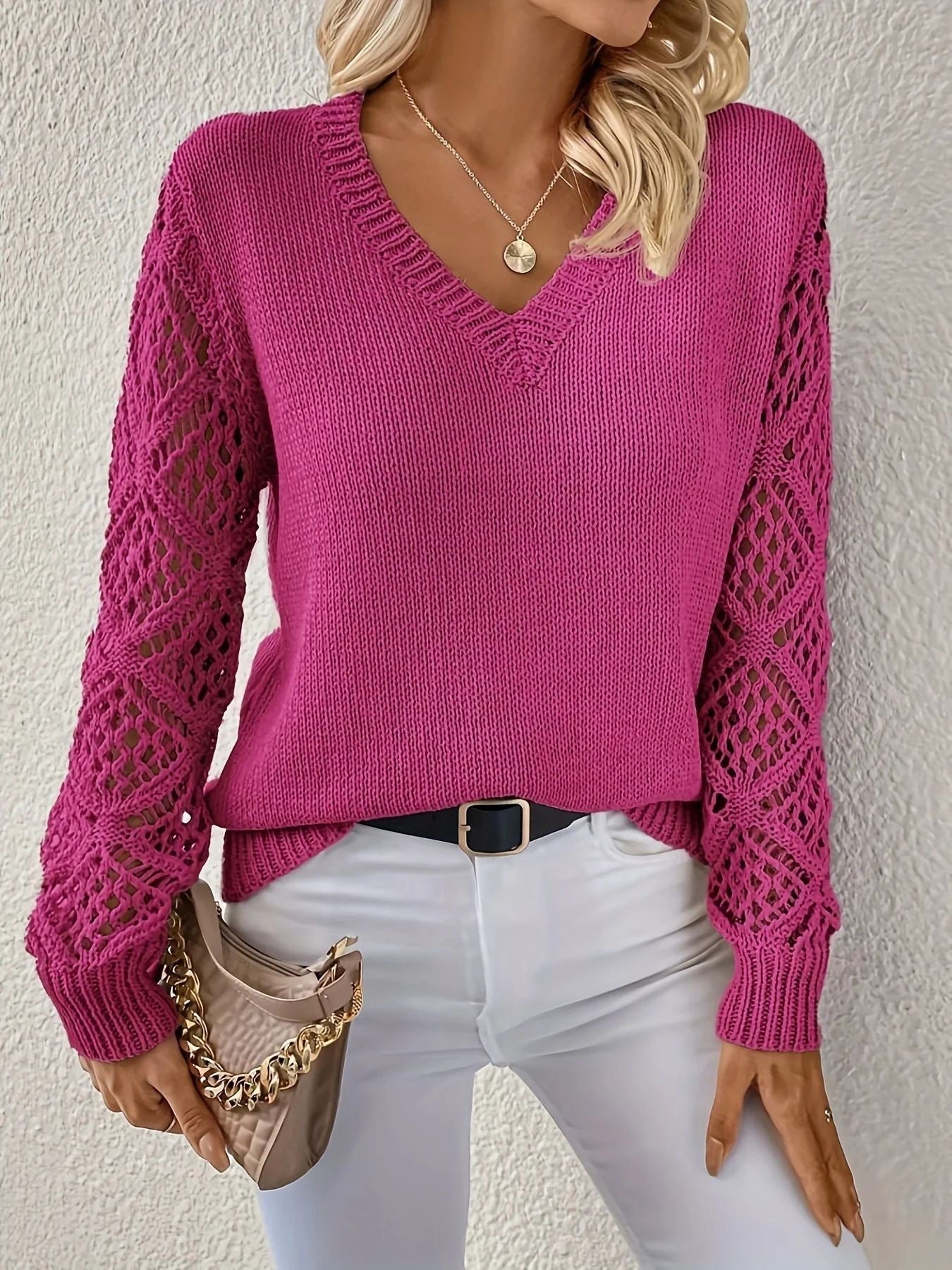 Loose Hollow Knitted Sweater Long-sleeved Pullover V-neck Top Women's Clothing Grayceful LLC