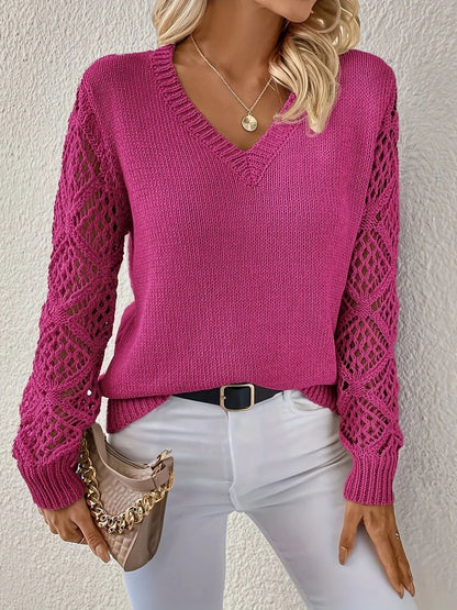 Loose Hollow Knitted Sweater Long-sleeved Pullover V-neck Top Women's Clothing Grayceful LLC