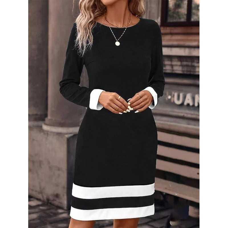 Fitted Color-Block Long-Sleeve Dress with Round Neckline FitiqueFit