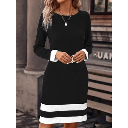 Fitted Color-Block Long-Sleeve Dress with Round Neckline FitiqueFit
