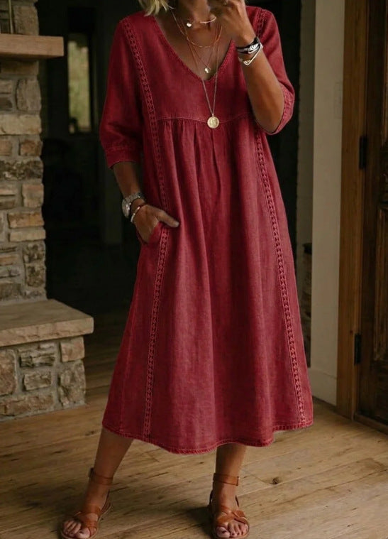 Women's Linen Cotton V-Neck Dress – Lace Trim, Loose Fit, 7 Colors FitiqueFit