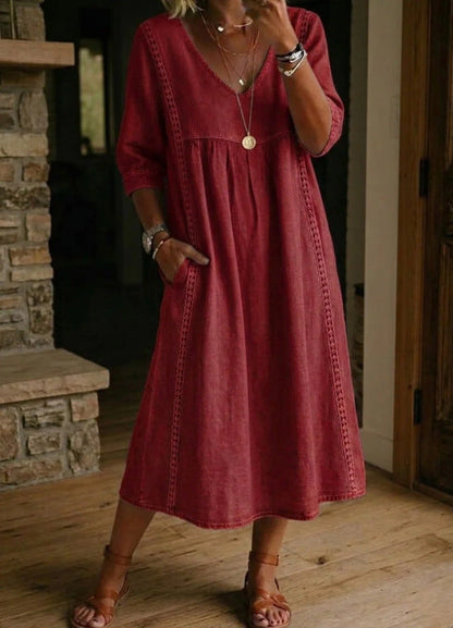 Women's Linen Cotton V-Neck Dress – Lace Trim, Loose Fit, 7 Colors FitiqueFit