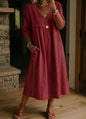 Women's Linen Cotton V-Neck Dress – Lace Trim, Loose Fit, 7 Colors FitiqueFit