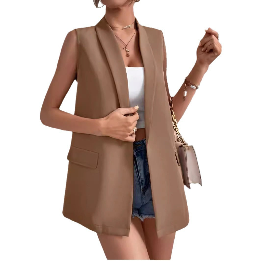 Women’s Mid-Length Suit Vest – Sleeveless Office Blazer FitiqueFit
