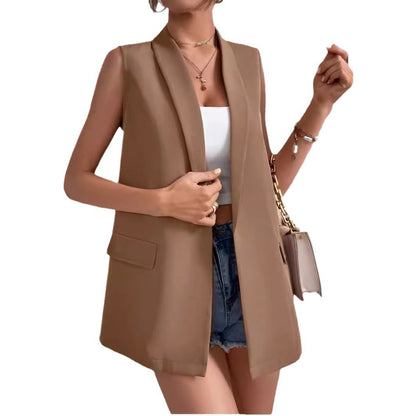 Women’s Mid-Length Suit Vest – Sleeveless Office Blazer FitiqueFit