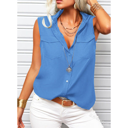 Women's Lapel Collar Sleeveless Top – Loose Fit, Pockets, Solid Color FitiqueFit