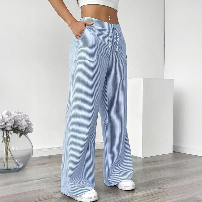Women's Striped Print Straight Wide Leg Pockets Pants Casual Long Pants FitiqueFit