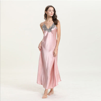 Imitated Silk Lace Sexy V-neck Long Slip Nightdress Pajamas Homewear Grayceful LLC