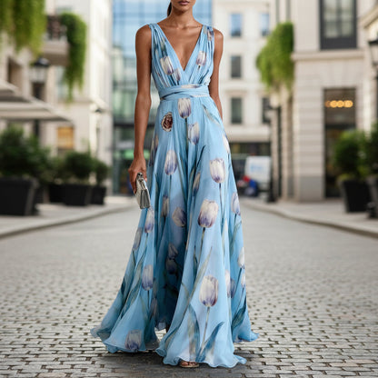 Women's Tulip Print Sleeveless Deep V-Neck A-Line Maxi Dress – 7 Colors FitiqueFit