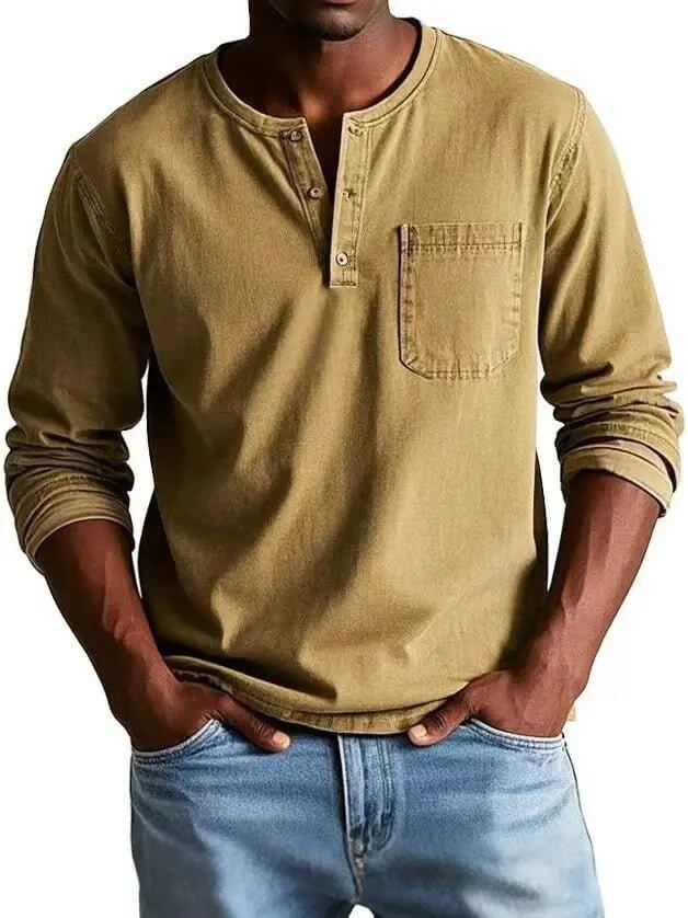 Men's V-neck Long-sleeved Pullover Top with Button Design SnagBag