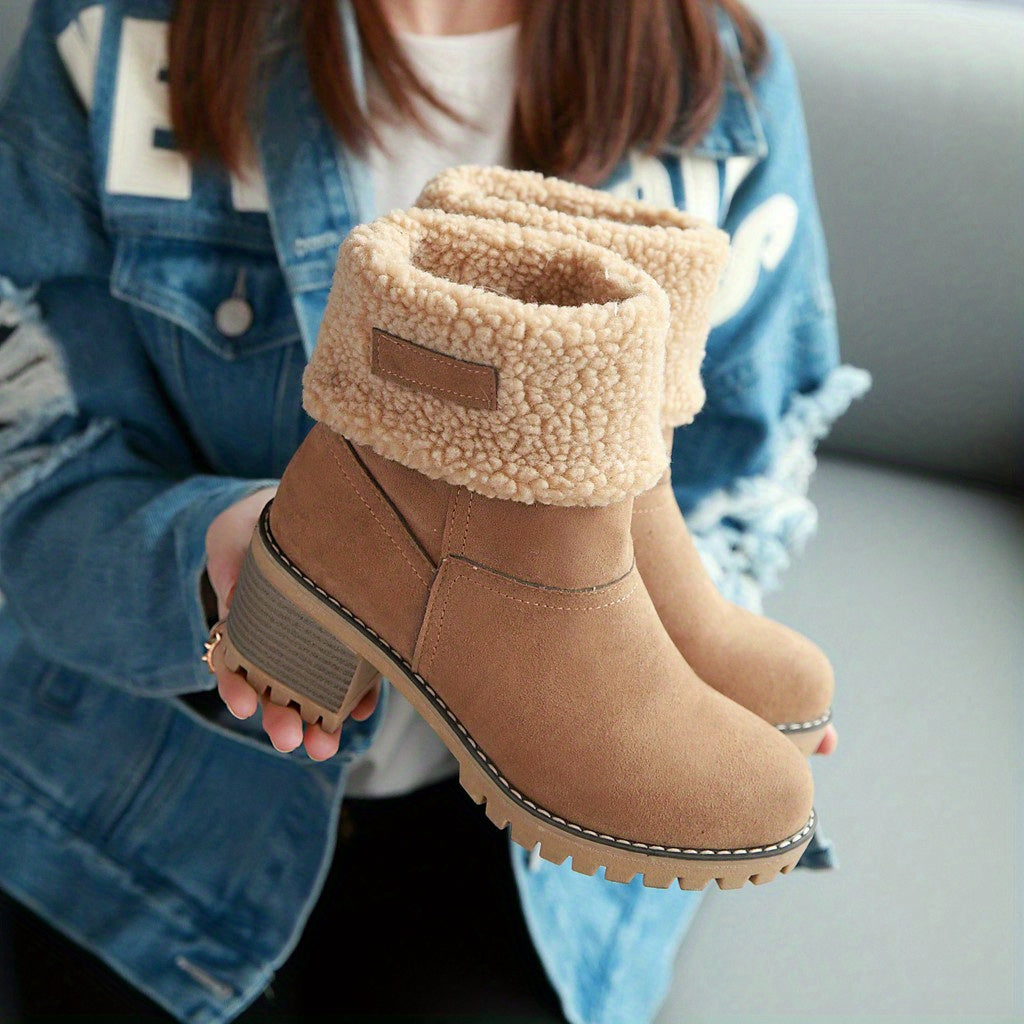 Women's Warm Faux Fur Lined Boots, Slip On Block Heeled Ankle Boots, Women's Footwear NovaCart