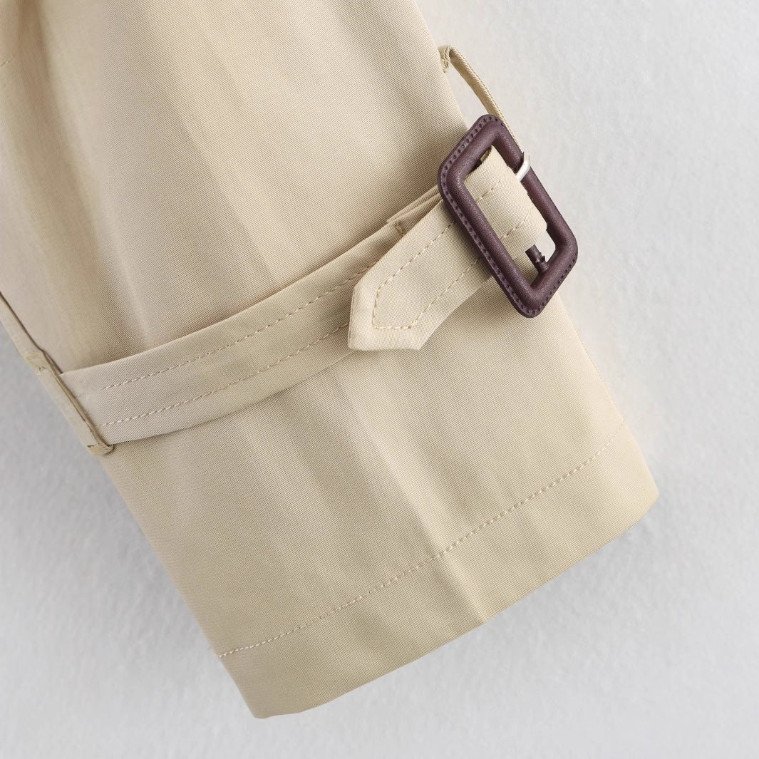Women's Notch-Collar Short Trench Coat with Belt Buckle Detail FitiqueFit
