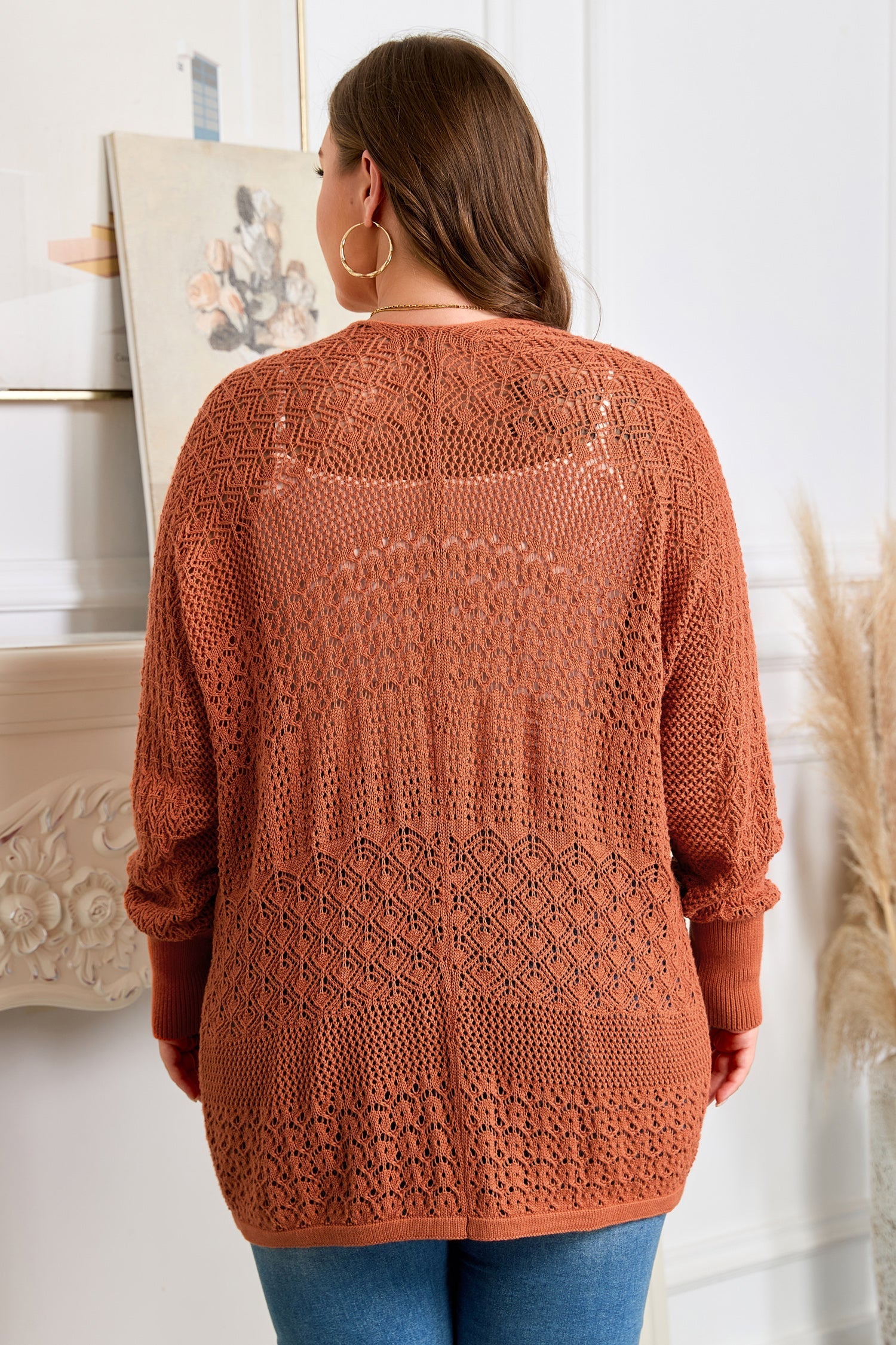 Redwood Burl Mixed Pattern Knitted Open Front Plus Cardigan Garden Naked Curves