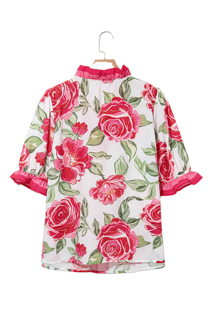 Rose Plus Size Floral Print Frill Neck Short Sleeve Blouse Garden Naked Curves