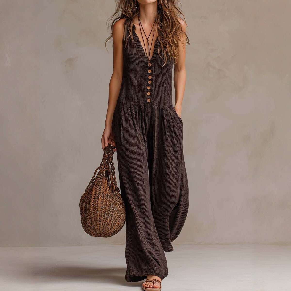 Women’s Loose V-Neck Sleeveless Wide-Leg Jumpsuit FitiqueFit