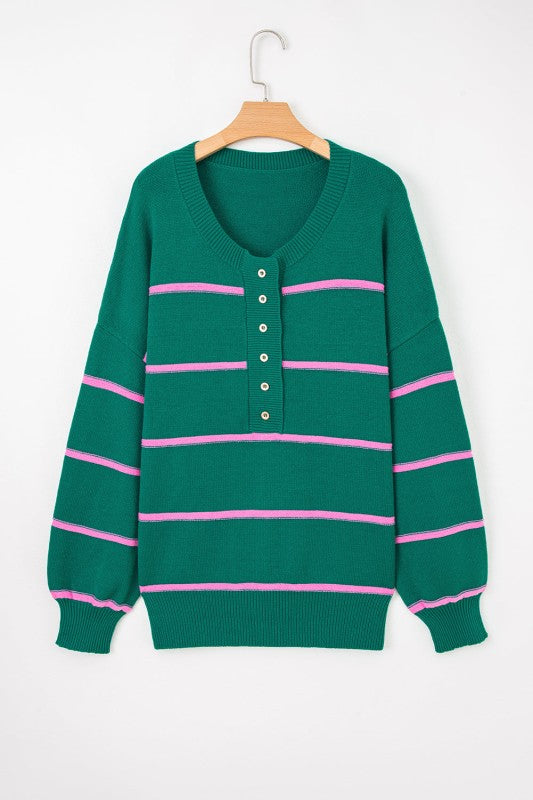 Plus Size Stripe Half Button Drop Shoulder Sweater Shop Style & More | Fresh Looks, Everyday Deals & Free Shipping