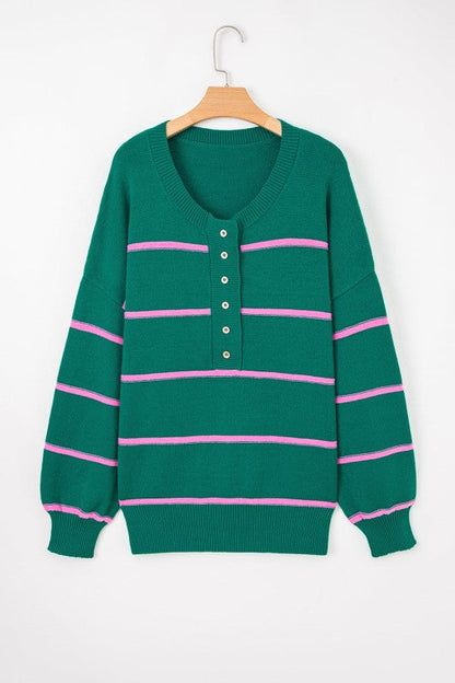 Plus Size Stripe Half Button Drop Shoulder Sweater Shop Style & More | Fresh Looks, Everyday Deals & Free Shipping