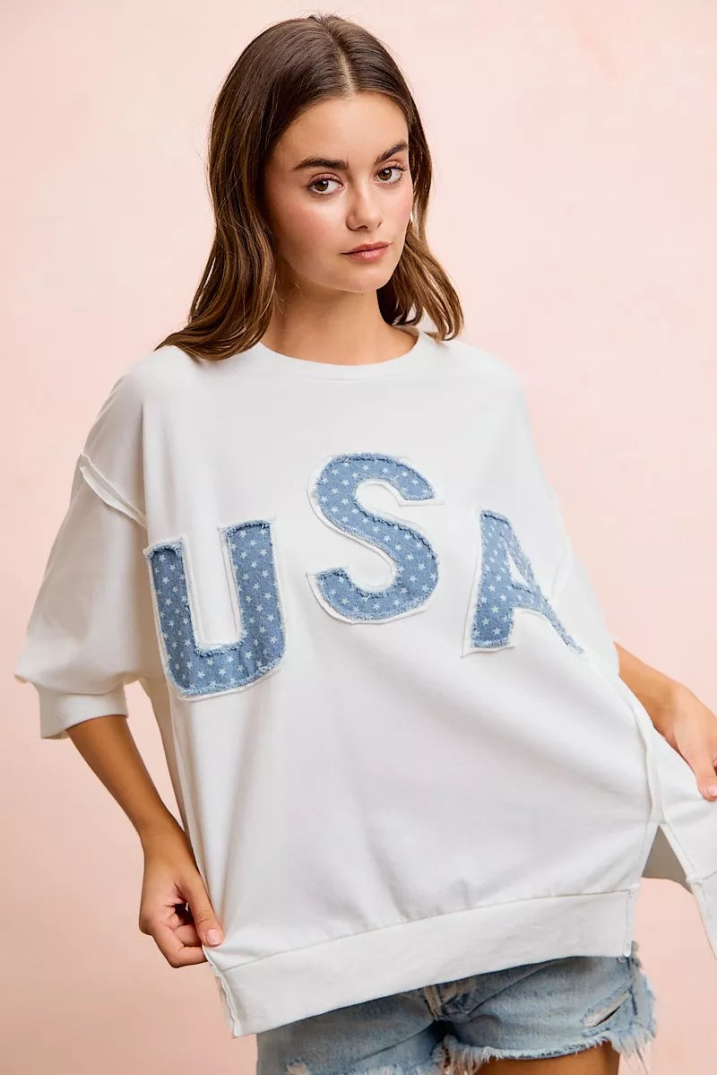 BiBi 4th Of July Usa Letter Patchwork French Terry Top New Era Fashion LLc