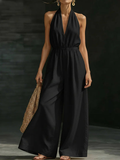 Women’s V-Neck Halter Neck Wide-Leg Jumpsuit FitiqueFit