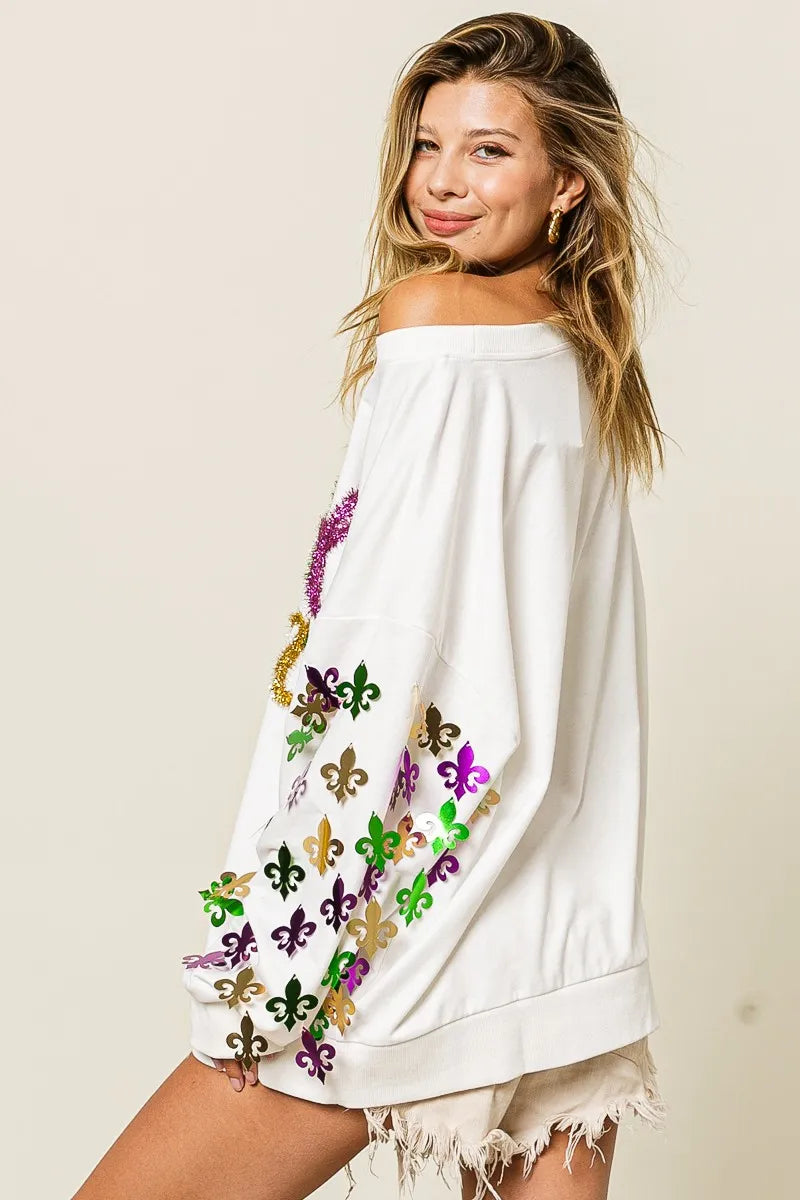 BiBi Fleur De Lis Sleeve Mardi Gras Pullover FitiqueFit