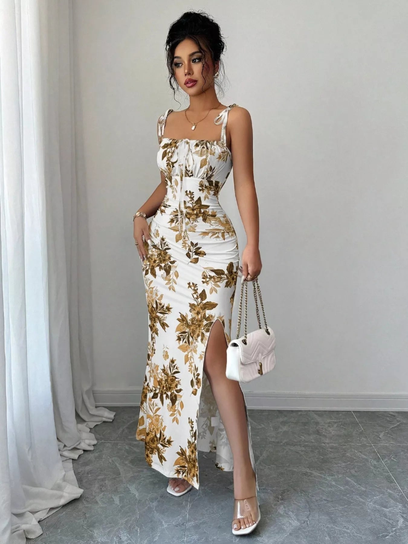 Printed Tie Strap Slit Maxi Dress New Era Fashion LLc