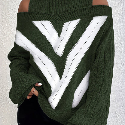 Elegant Plus Size Off Shoulder Striped Cable Knit Sweater