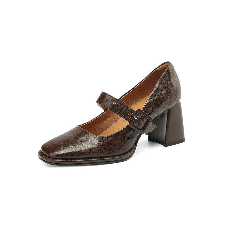 Women's Sheepskin Mary Jane Heels – Square Toe Chunky Heel Buckle Pumps FitiqueFit