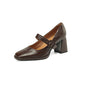 Women's Sheepskin Mary Jane Heels – Square Toe Chunky Heel Buckle Pumps FitiqueFit