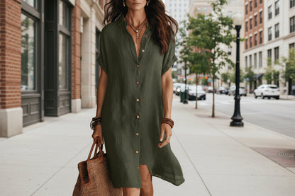 Women's Buttoned Midi Shirt Dress – Short Sleeve Cotton Linen FitiqueFit