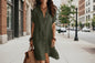 Women's Buttoned Midi Shirt Dress – Short Sleeve Cotton Linen FitiqueFit