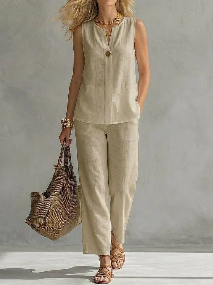 Women's Sleeveless V-Neck Top & Full-Length Pants Two-Piece Set FitiqueFit