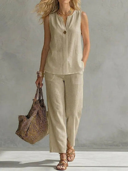 Women's Sleeveless V-Neck Top & Full-Length Pants Two-Piece Set FitiqueFit