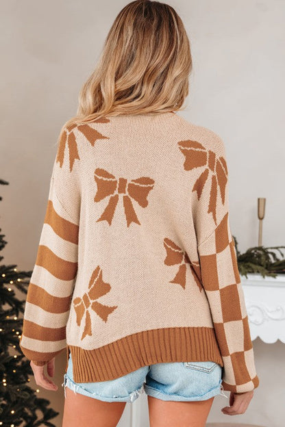 Bow Checker Stripe Patchwork Sleeve Sweater Shop Style & More | Fresh Looks, Everyday Deals & Free Shipping