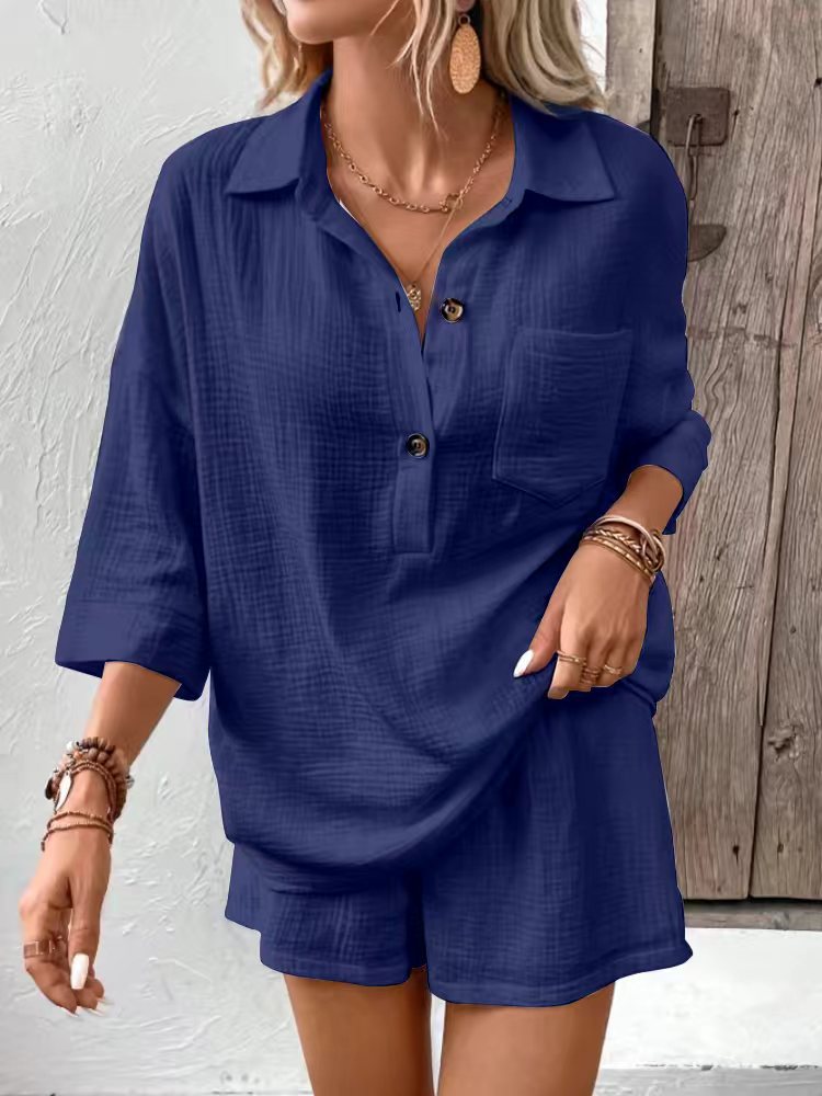 Women's Lapel Collar Double-Panel Shirt & Shorts Two-Piece Set FitiqueFit
