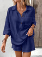 Women's Lapel Collar Double-Panel Shirt & Shorts Two-Piece Set FitiqueFit
